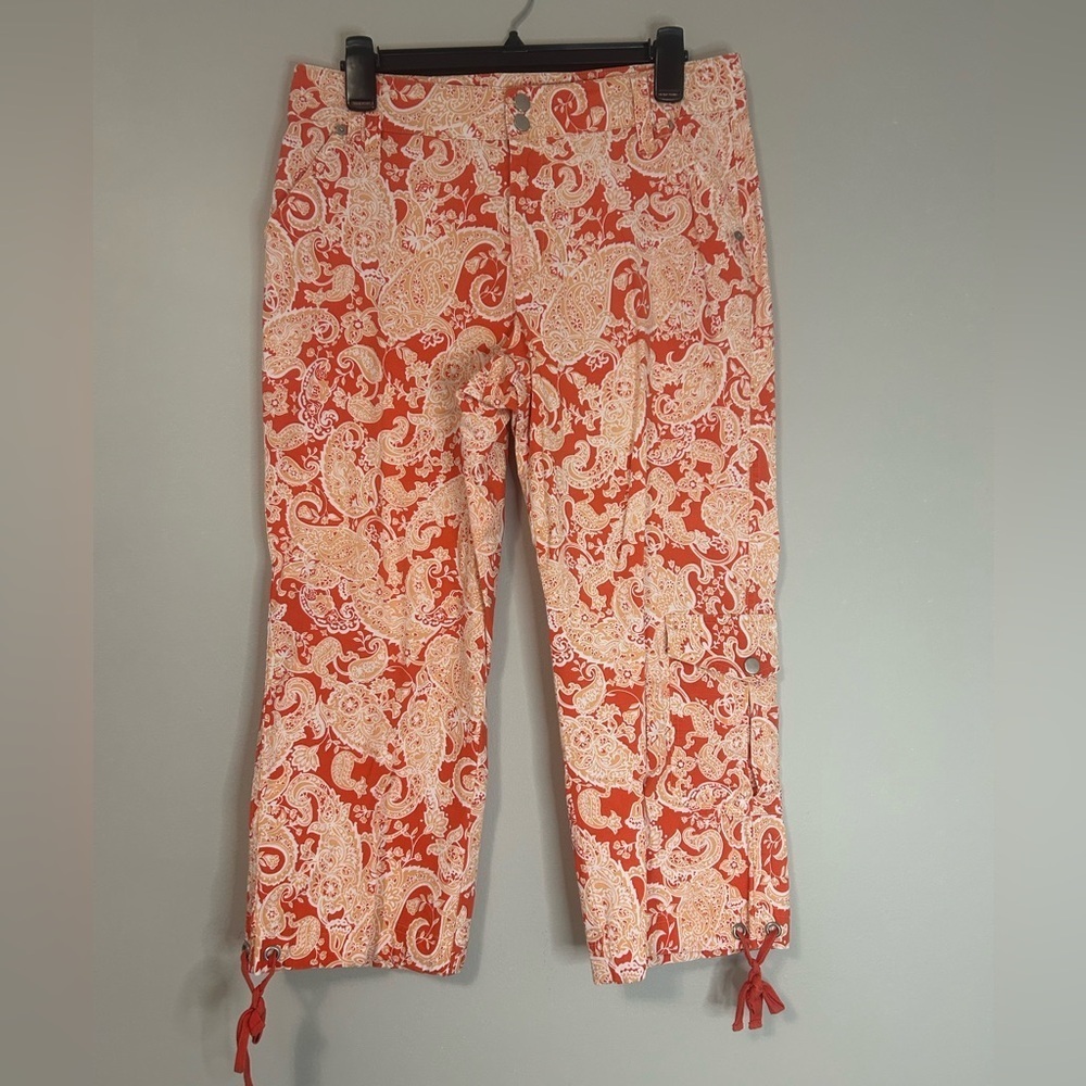 Coldwater Creek Orange and Cream Paisley Cropped Pants, Size 10